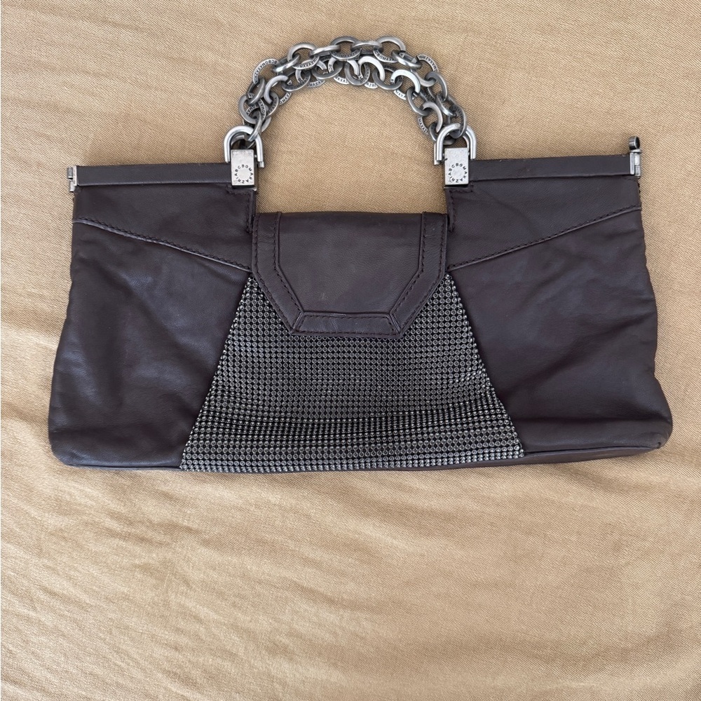 Y2K BCBG Max Azria Brown Leather Chain Clutch Bag